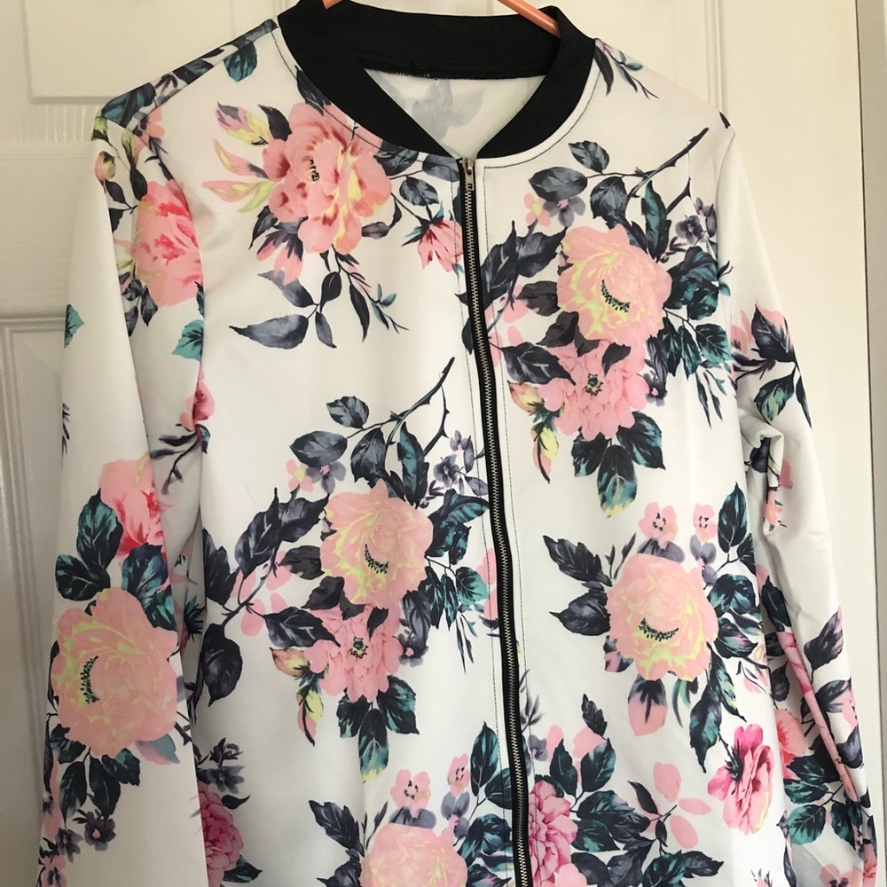 White, pink, black floral bomber jacket